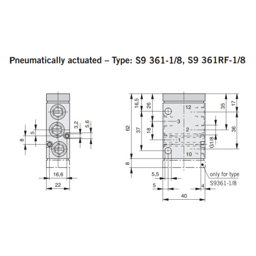 Valva 3/2, seria S9, dubla actionare pneumatica, piston diferential