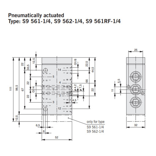 Valva 5/2, seria S9, dubla actionare pneumatica, piston diferential