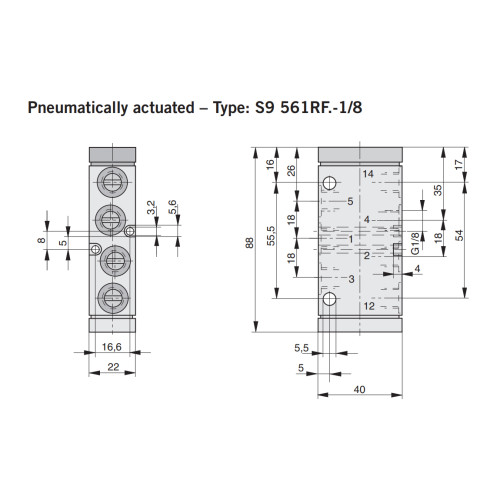 Valva 5/3, seria S9, actionare pneumatica, centru ventilat
