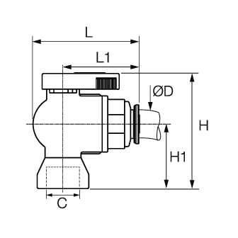 Robinet cu sfera, in L, racord push-in, filet interior