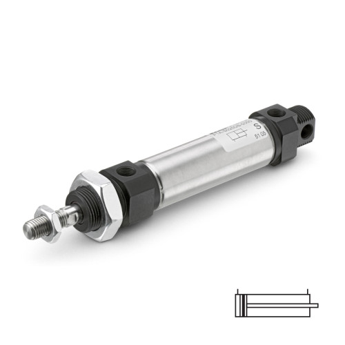 Cilindru pneumatic rotund ISO 6432, seria P1A, dubla actionare, amortizare fixa