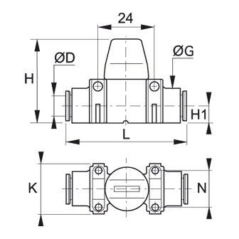 Mini robinet cu sfera, 3/2, racorduri push-in