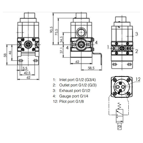 Valva soft start 3/2, cu ventilare, actionare electrica / pneumatica, seria P3X Parker-Origa