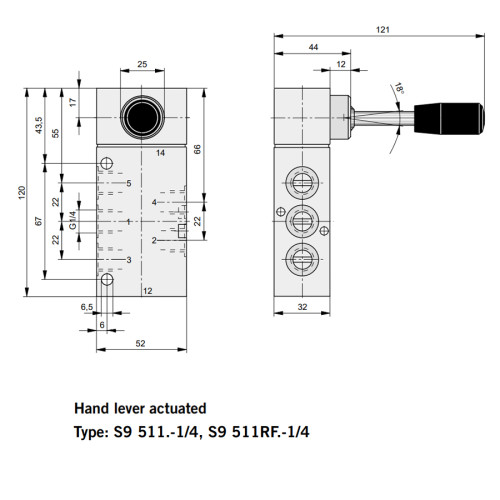 Valva 5/3, seria S9, actionare manuala cu maneta, centru inchis