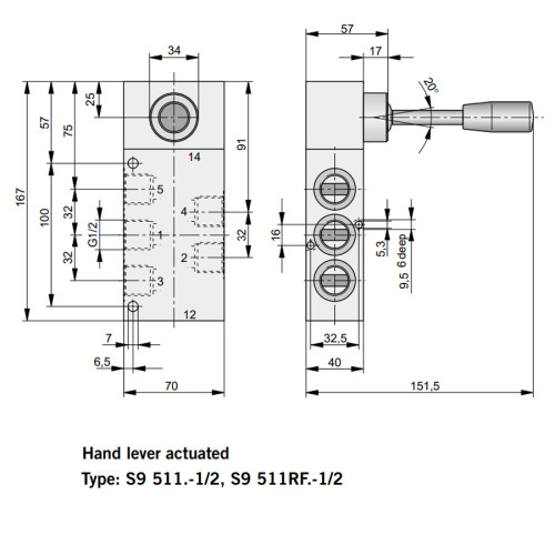 Valva 5/3, seria S9, actionare manuala cu maneta, centru ventilat
