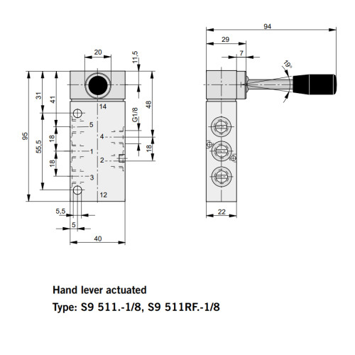 Valva 5/3, seria S9, actionare manuala cu maneta, centru ventilat