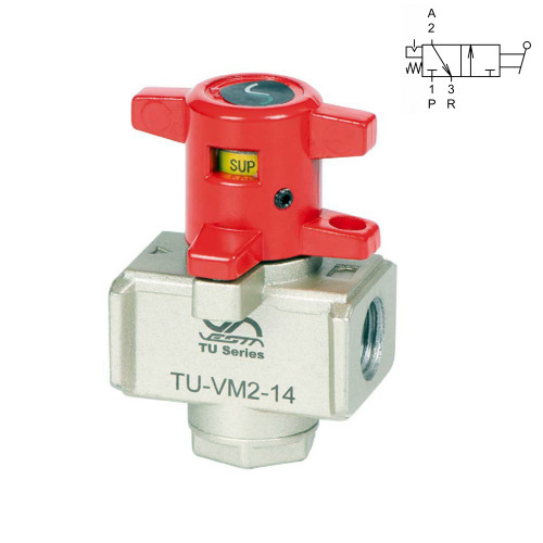 Valva shut-off 3/2 cu ventilare, actionare manuala, seria TU-VM2