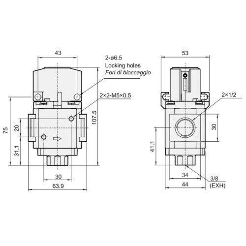 Valva shut-off 3/2 cu ventilare, actionare manuala, seria TU-VM4
