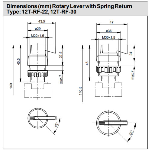 Buton selector rotativ prelungit cu 2 pozitii, cu revenire, Parker-Origa