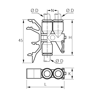 Conector rapid pentru sina DIN, buton de test, pentru 3 tuburi