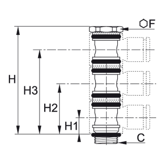 Bolt racord banjo, pentru 3 corpuri, filet exterior BSPP sau metric