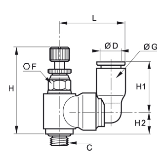 Regulator de debit la evacuare, miniatura, cu racord L orientabil