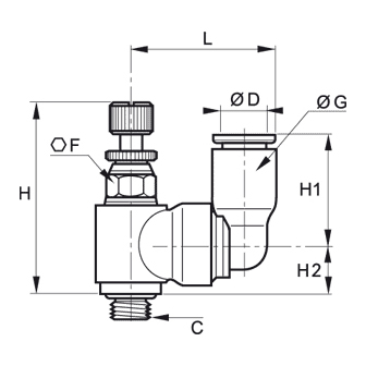 Regulator de debit la intrare, miniatura, cu racord L orientabil